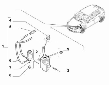 Vas / rezervor lichid spălare parbriz (cu capac; cu furtunuri; cu pompa; cu supapa de retur; fara stropitoare de far) , pentru: FIAT BRAVO II 11.06-12.14