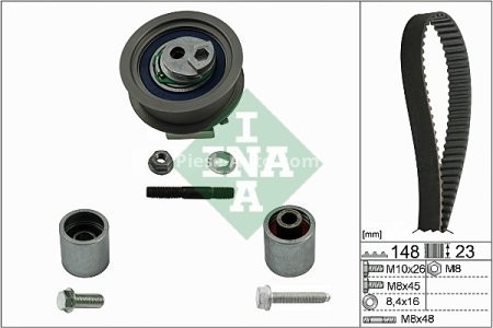 Kit distribuție INA (curea + role) pentru: AUDI A1, A3, A4 B6, A4 B7, A6 C6, TT; SEAT ALTEA, ALTEA XL, EXEO, EXEO ST, LEON, TOLEDO III; SKODA OCTAVIA II; VW EOS, GOLF PLUS V 2.0 07.02-11.17 3