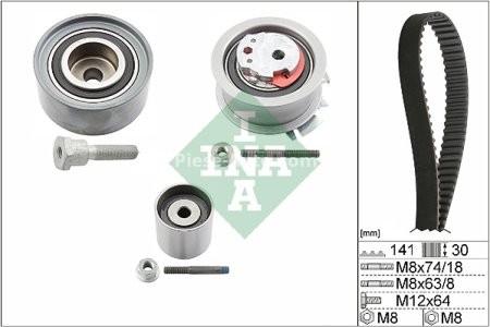 Kit distribuție INA (curea + role) pentru: AUDI A3, A4 B7; SEAT ALTEA, ALTEA XL, LEON, TOLEDO III; SKODA OCTAVIA II, SUPERB II; VW GOLF PLUS V, GOLF V, JETTA III, PASSAT B6 2.0D 02.03-