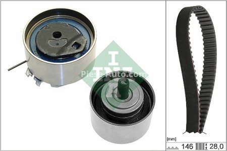Kit distribuție INA (curea + role) pentru: CHRYSLER PT CRUISER, SEBRING, VOYAGER IV; DODGE CARAVAN, STRATUS II; GAZ SOBOL; JEEP CHEROKEE, WRANGLER II 2.4 01.94-