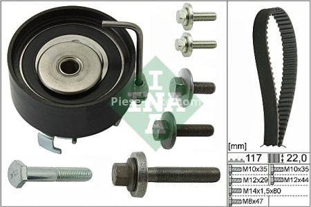 Kit distribuție INA (curea + role) pentru: VOLVO C30, S40 II, V50; FORD B-MAX, C-MAX, C-MAX II, ECOSPORT, FIESTA, FIESTA V, FIESTA VI, FOCUS C-MAX, FOCUS II, FOCUS III 1.2-1.6LPG 11.01-
