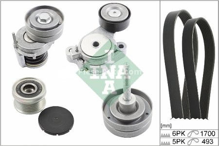 Set curea transmisie INA - cu role , întinzător - pentru: AUDI A1; SEAT ALHAMBRA, IBIZA IV, IBIZA IV SC, IBIZA IV ST; SKODA FABIA II, SCALA; VW BEETLE, CC B7, EOS, GOLF PLUS V, GOLF V, GOLF VI, JETTA III 1.4-1.6 11.05-
