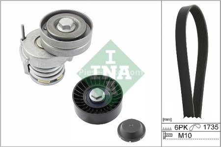 Set curea transmisie INA - cu role , întinzător - pentru: AUDI A1, A3; SEAT ALTEA, ALTEA XL, LEON, TOLEDO IV; SKODA OCTAVIA II, RAPID, SUPERB II, YETI; VW EOS, GOLF PLUS, GOLF PLUS V, GOLF V, GOLF VI 1.4/1.6 03.05-