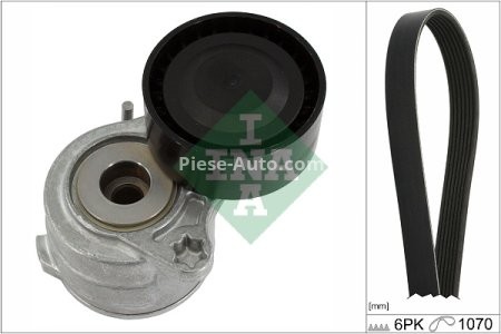 Set curea transmisie INA - cu role , întinzător - pentru: DS DS 3; CITROEN C3 AIRCROSS II, C3 II, C3 III, C4 CACTUS, C-ELYSEE, DS3; OPEL CORSA F, CORSA F/HATCHBACK, CROSSLAND X, CROSSLAND X /LAND 1.0-1.5D 03.12-