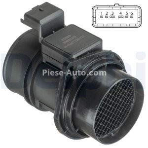 Debitmetru aer DELPHI (6 pini, modul) pentru: OPEL MOVANO A; RENAULT AVANTIME, ESPACE III, ESPACE IV, LAGUNA II, MASTER II, VEL SATIS 1.9D-2.8D 07.98-