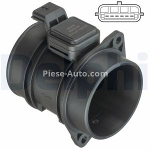 Debitmetru aer DELPHI (6 pini, modul) pentru: RENAULT ESPACE IV, GRAND SCENIC II, LAGUNA, LAGUNA II, LAGUNA III, LATITUDE, MEGANE, MEGANE II, SCENIC II, VEL SATIS 1.9D/2.0D 08.05- 3