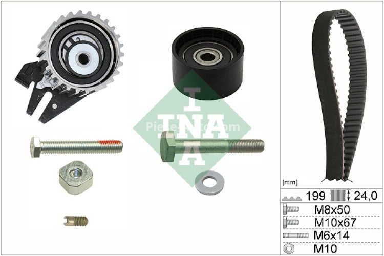 Kit distribuție INA (curea + role) pentru: ALFA ROMEO 147, 156, 159, BRERA, GIULIETTA, GT, SPIDER; CADILLAC BLS; CHEVROLET MALIBU; FIAT 500X, BRAVO II, CROMA, DOBLO 1.9D/2.0D/2.4D 05.01-