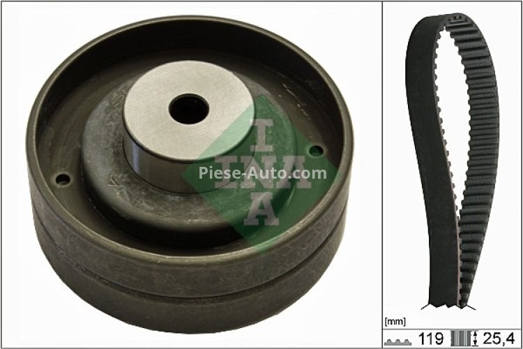 Kit distribuție INA (curea + role) pentru: VOLVO 240, 740, 760, 780, 940, 940 II, 960; AUDI 100 C2, 100 C3; VW LT 28-35 I, LT 40-55 I 2.0D/2.4D 08.78-10.98
