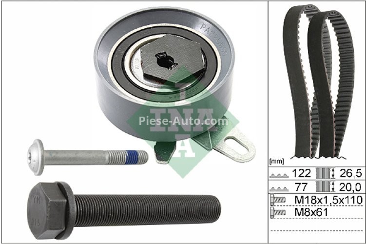 Kit distribuție INA (curea + role) pentru: AUDI A6 C4; VW TRANSPORTER T4 2.4D/2.5D 07.90-04.03