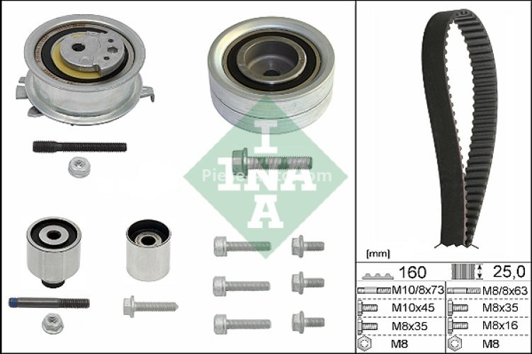 Kit distribuție INA (curea + role) pentru: AUDI A1, A3, A4 ALLROAD B8, A4 B8, A5, A6 C7, Q3, Q5, TT; SEAT ALHAMBRA, ALTEA, ALTEA XL, EXEO, EXEO ST, IBIZA IV 1.2D/1.6D/2.0D 05.03-
