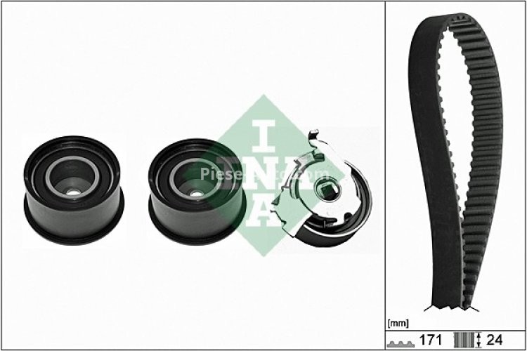 Kit distribuție INA (curea + role) pentru: CHEVROLET ALERO, CAPTIVA, CAVALIER, MALIBU, VECTRA; DAEWOO LEGANZA; OPEL ANTARA A, FRONTERA A, FRONTERA B 2.2/2.4/2.4LPG 09.93-