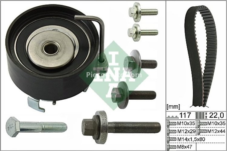Kit distribuție INA (curea + role) pentru: VOLVO C30, S40 II, V50; FORD B-MAX, C-MAX, C-MAX II, ECOSPORT, FIESTA, FIESTA V, FIESTA VI, FOCUS C-MAX, FOCUS II, FOCUS III 1.2-1.6LPG 11.01-