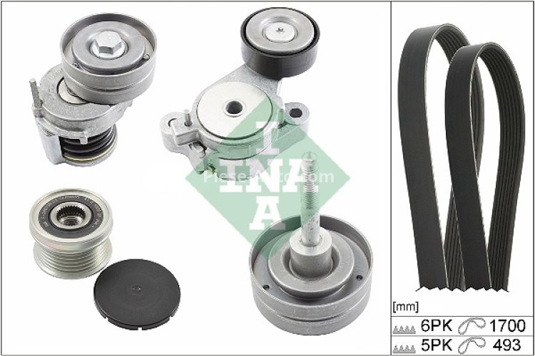 Set curea transmisie INA - cu role , întinzător - pentru: AUDI A1; SEAT ALHAMBRA, IBIZA IV, IBIZA IV SC, IBIZA IV ST; SKODA FABIA II, SCALA; VW BEETLE, CC B7, EOS, GOLF PLUS V, GOLF V, GOLF VI, JETTA III 1.4-1.6 11.05-