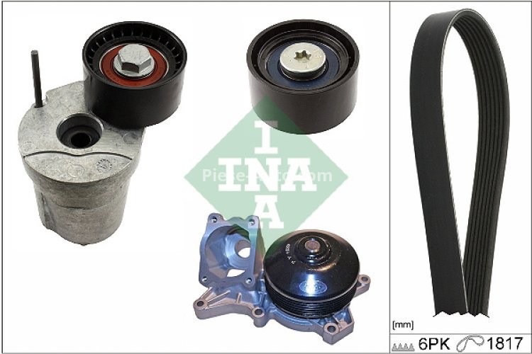 Set curea transmisie INA - cu întinzător , role și pompă de apă - pentru: BMW 1 (E81), 1 (E82), 1 (E87), 1 (E88), 3 (E90), 3 (E91), 3 (E92), 3 (E93), X1 (E84) 2.0D/3.0D 06.04-06.15