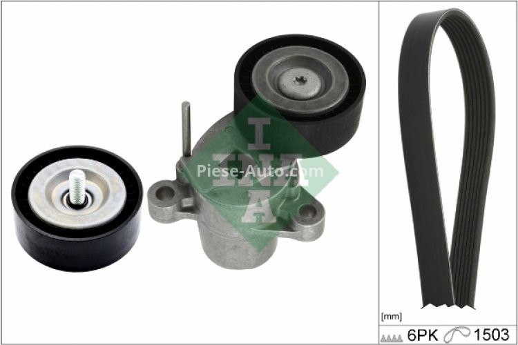 Set curea transmisie INA - cu role , întinzător - pentru: FORD B-MAX, C-MAX II, ECOSPORT, FIESTA VI, FIESTA VII, FOCUS III, FOCUS III/KOMBI, GRAND C-MAX, MONDEO V, TOURNEO CONNECT V408 NADWOZIE WIELKO 1.0/1.1 02.12-