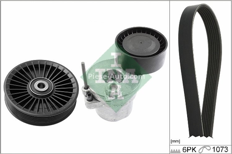 Set curea transmisie INA - cu role , întinzător - pentru: MERCEDES C (A205), C (C205), C T-MODEL (S205), C (W205), E (A238), E (C238), E T-MODEL (S213), E (W213), GLC (C253), GLC (X253), SLC (R172) 1.6/2.0/2.0H 12.13-