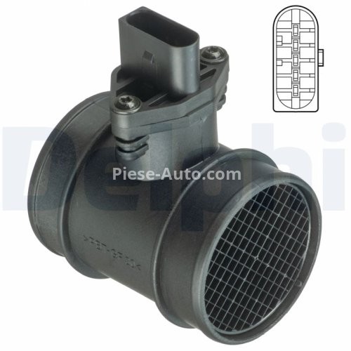 Debitmetru aer DELPHI (5 pini, modul) pentru: AUDI A2, A4 B5; SEAT LEON, TOLEDO II; VW GOLF IV, SHARAN 1.2D-2.5D 09.97-03.10