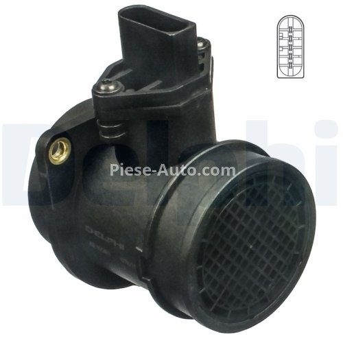 Debitmetru aer DELPHI (5 pini, modul) pentru: AUDI A3, A4 B5, A4 B6, A4 B7, A6 C5, TT; SEAT EXEO, EXEO ST, IBIZA III, LEON, TOLEDO II; SKODA OCTAVIA I, OCTAVIA II; VW BORA 1.4-2.5D 11.94-12.10