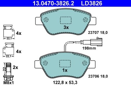 Set plăcuțe frână ATE din ceramică, față (cu accesorii; cu șuruburi ghidare etrier), pentru: ALFA ROMEO MITO; FIAT 500, 500 C, FIORINO, FIORINO/MINIVAN 0.9-Electric 10.04-