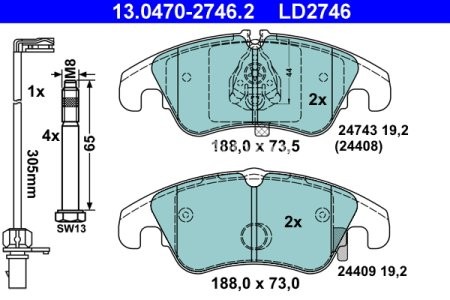 Set plăcuțe frână ATE din ceramică, față (cu accesorii; cu șuruburi ghidare etrier), pentru: AUDI A4 ALLROAD B8, A4 B8, A5 1.8-3.2 06.07-01.17 2