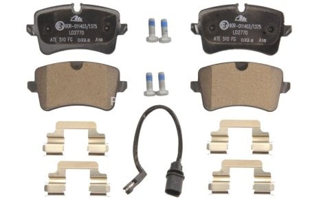 Set plăcuțe frână ATE din ceramică, spate (cu accesorii; cu șuruburi ghidare etrier), pentru: AUDI A5, A6 ALLROAD C7, A6 C7, A7; PORSCHE MACAN 1.8-4.2 03.10- 1