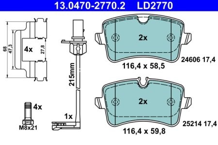 Set plăcuțe frână ATE din ceramică, spate (cu accesorii; cu șuruburi ghidare etrier), pentru: AUDI A5, A6 ALLROAD C7, A6 C7, A7; PORSCHE MACAN 1.8-4.2 03.10- 2