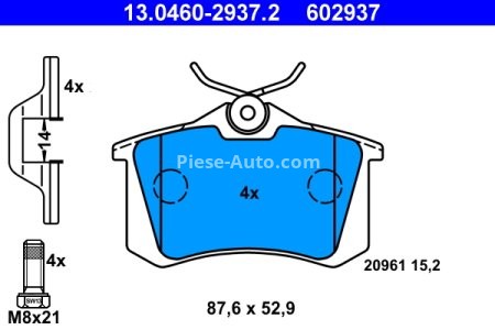Set plăcuțe frână ATE, spate  (cu accesorii; cu șuruburi ghidare etrier), pentru: AUDI A2, A4 B6, A4 B7, A6 C5, ALLROAD C5, TT; NISSAN MICRA III; PEUGEOT 405 I 1.0-4.2 08.83- 2