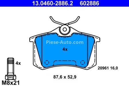 Set plăcuțe frână ATE, spate  (cu șuruburi ghidare etrier), pentru: AUDI A4 B6, A4 B7, A6 C5, ALLROAD C5, TT; FIAT SCUDO; RENAULT THALIA II; SEAT EXEO, EXEO ST 1.4-4.2 05.86- 2