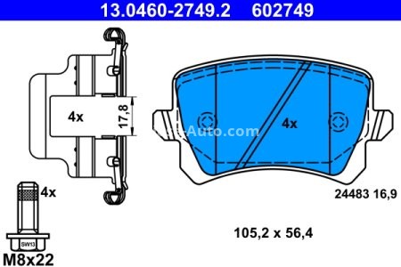 Set plăcuțe frână ATE, spate  (pentru discuri neventilate), pentru: AUDI A3, A4 B6, A4 B7, A6 ALLROAD C6, A6 C6, Q3, TT; SEAT ALHAMBRA, ALTEA, EXEO, EXEO ST, LEON, TOLEDO III 1.2-Electric 02.98- 2