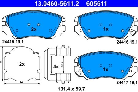 Set plăcuțe frână ATE, față (cu accesorii), pentru: CHEVROLET MALIBU; OPEL INSIGNIA A, INSIGNIA A COUNTRY; SAAB 9-5 1.4-2.8 07.08-