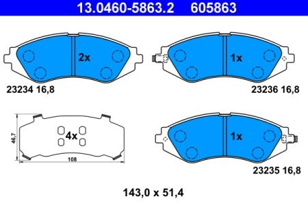 Set plăcuțe frână ATE, față (cu un tampon de amortizare), pentru: CHEVROLET AVEO / KALOS, LACETTI, NUBIRA; DAEWOO LACETTI, NUBIRA 1.4-2.0D 12.00-