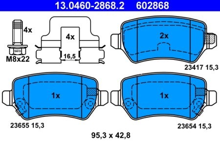 Set plăcuțe frână ATE, spate  (cu accesorii; cu șuruburi ghidare etrier), pentru: CHEVROLET VIVA; KIA VENGA; LADA KALINA; OPEL ASTRA G, ASTRA G CLASSIC 1.2-2.2D 02.98-