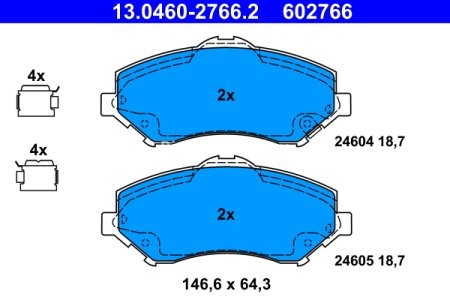 Set plăcuțe frână ATE, față (cu accesorii), pentru: CHRYSLER GRAND VOYAGER V, TOWN & COUNTRY, VOYAGER V; DODGE GRAND; FIAT FREEMONT; JEEP CHEROKEE, WRANGLER III 2.0D-4.0 04.07-