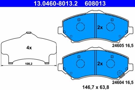 Set plăcuțe frână ATE, față (cu un tampon de amortizare), pentru: CHRYSLER TOWN & COUNTRY; DODGE GRAND; JEEP CHEROKEE, WRANGLER III 2.8D-4.0 04.07-