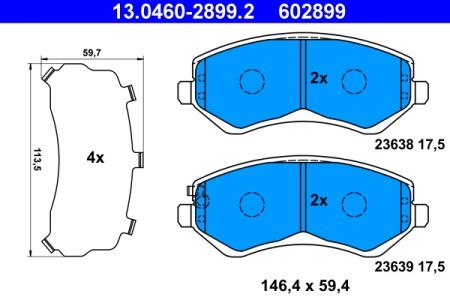 Set plăcuțe frână ATE, față (cu un tampon de amortizare), pentru: CHRYSLER VOYAGER IV; DODGE CARAVAN; JEEP CHEROKEE 2.4-3.8 02.00-12.08