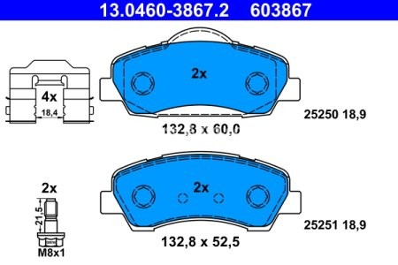 Set plăcuțe frână ATE, față (cu accesorii; cu șuruburi ghidare etrier), pentru: CITROEN C4 CACTUS, C-ELYSEE; PEUGEOT 301 1.2-1.6LPG 11.12- 2