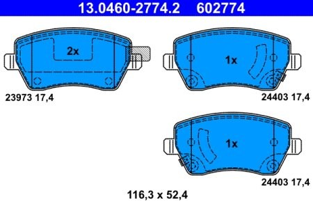 Set plăcuțe frână ATE, față , pentru: DACIA DUSTER; NISSAN MICRA III, MICRA IV, MICRA V, NOTE; RENAULT CLIO IV; SUZUKI SWIFT III 0.9-1.6 01.03- 3