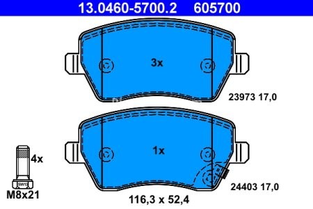 Set plăcuțe frână ATE, față (cu șuruburi ghidare etrier), pentru: DACIA DUSTER; OPEL AGILA; SUZUKI SPLASH, SWIFT III 1.0-1.6 02.05- 3