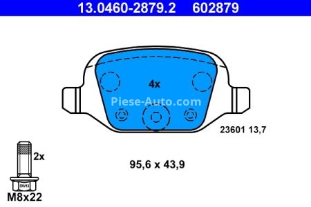 Set plăcuțe frână ATE, spate  (cu șuruburi ghidare etrier), pentru: ABARTH 500 / 595 / 695; CITROEN E-MEHARI; FIAT 500, DOBLO/MINIVAN, IDEA, PANDA 0.9-Electric 09.99-