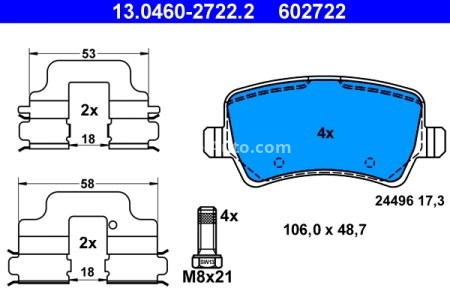 Set plăcuțe frână ATE, spate  (cu accesorii; cu șuruburi ghidare etrier), pentru: VOLVO S60 II, S80 II, V60 I, V70 III, V70 III/KOMBI, XC70 II 1.5-4.4 03.06-12.19 2