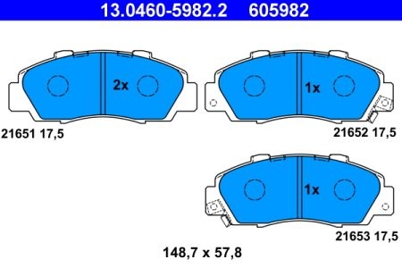 Set plăcuțe frână ATE, față , pentru: HONDA ACCORD IV, ACCORD V, ACCORD VI, CIVIC VI, CR-V I, HR-V, INTEGRA, LEGEND II, LEGEND III, NSX I, ODYSSEY, PRELUDE IV, PRELUDE V 1.6-3.5 01.90-
