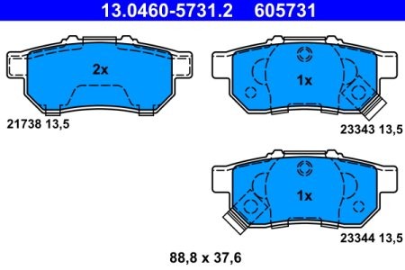 Set plăcuțe frână ATE, spate  , pentru: HONDA CITY IV, CITY V, CIVIC III, CIVIC IV, CIVIC V, CIVIC VI, CIVIC VII, CRX II, CRX III, JAZZ, JAZZ II, JAZZ III 1.2-3.2 10.84-