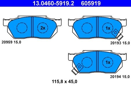 Set plăcuțe frână ATE, față , pentru: HONDA CIVIC I, CIVIC IV, CIVIC V, CRX I, PRELUDE II 1.3-1.8 10.83-11.95