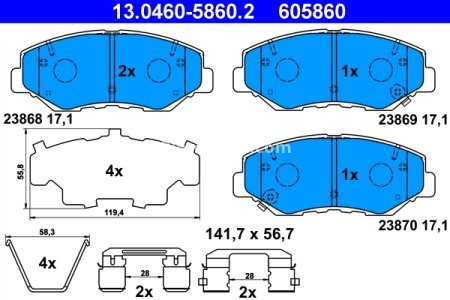 Set plăcuțe frână ATE, față (cu accesorii), pentru: HONDA ACCORD IX, ACCORD VII, CIVIC X, CIVIC XI, CR-V II, ELEMENT, PILOT 1.0-3.5 09.01-