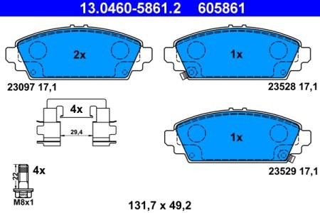 Set plăcuțe frână ATE, față (cu accesorii; cu șuruburi ghidare etrier), pentru: HONDA ACCORD VI, CIVIC VII 1.4-2.3 03.97-09.05
