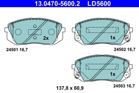 Set plăcuțe frână ATE din ceramică, față , pentru: HYUNDAI IX35, TUCSON, TUCSON/SUV; KIA CADENZA I, CADENZA II, CARENS III, SPORTAGE II, SPORTAGE III, SPORTAGE IV 1.6-3.5 09.04-
