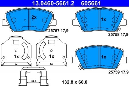 Set plăcuțe frână ATE, față , pentru: HYUNDAI GENESIS; KIA CARENS IV 1.6-3.0 03.13-