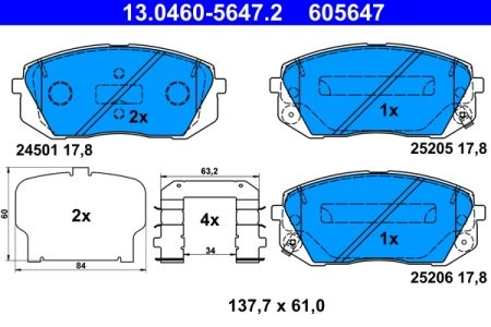 Set plăcuțe frână ATE, față , pentru: HYUNDAI I40 I, I40 I CW, IX35, KONA, TUCSON, TUCSON/SUV; KIA CADENZA II, CEE'D, CEED, OPTIMA, PRO CEE'D, PROCEED, SOUL II, SPORTAGE III 1.0-Electric 08.09-