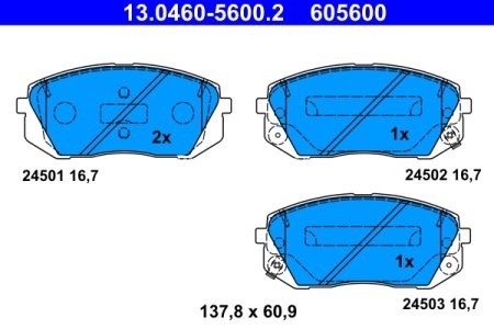 Set plăcuțe frână ATE, față , pentru: HYUNDAI IX35, TUCSON, TUCSON/SUV; KIA CADENZA I, CADENZA II, CARENS III, SPORTAGE II, SPORTAGE III, SPORTAGE IV 1.6-3.5 09.04-