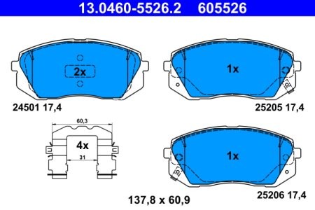 Set plăcuțe frână ATE, față , pentru: HYUNDAI KONA, KONA/SUV, TUCSON, TUCSON/SUV; KIA SPORTAGE IV 1.0-2.4 06.15-
